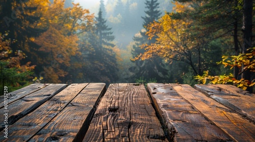 Rustic Wooden Table Top with Forest Background Generative AI
