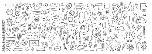 Decorative hand drawn shapes. Outline crown  doodle pointer and heart frame. Doodles lines elements  ink line arrow and flower calligraphy sign sketch. Isolated vector illustration symbols set