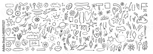 Decorative hand drawn shapes. Outline crown, doodle pointer and heart frame. Doodles lines elements, ink line arrow and flower calligraphy sign sketch. Isolated vector illustration symbols set