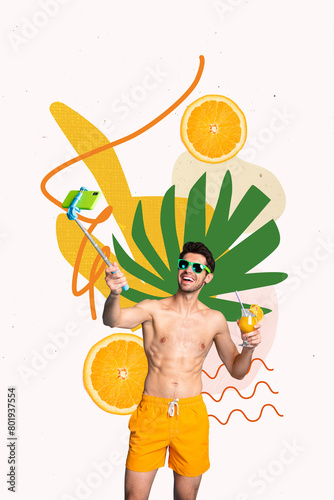 Vertical photo collage of happy guy hold cocktail beverage summer travel resort trip make selfie stick photo isolated on painted background © deagreez