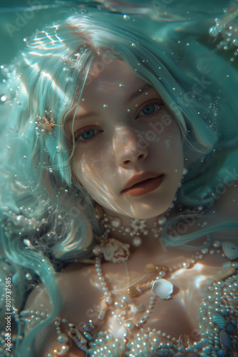 mermaid or sea siren with blue hair underwater in the azure water with sun rises, wearing detailed dress from pearls, seashells and lace, dreamlike, fantasy, fairy tale fashion photography, cinematic 