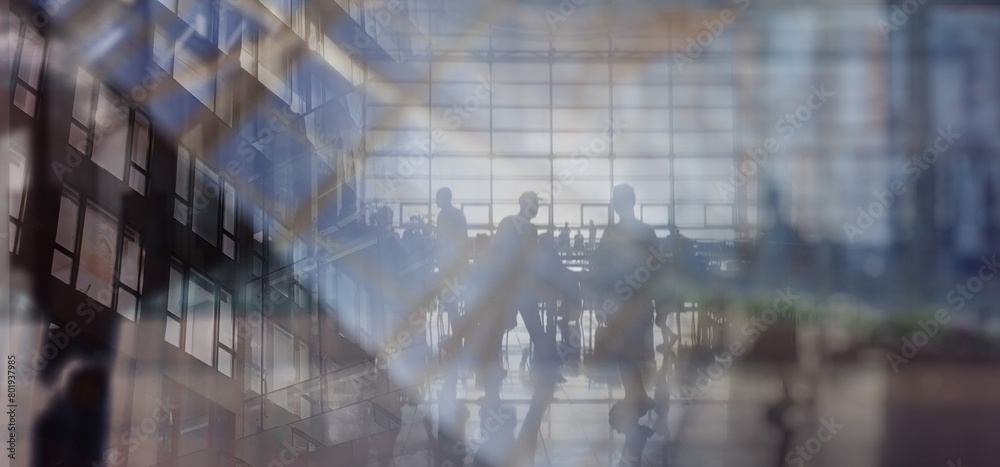 A technical modern urban background with people and bustle in the waiting room and overlaid elements of skyscrapers in deep blur with gray color adjustments and light rays