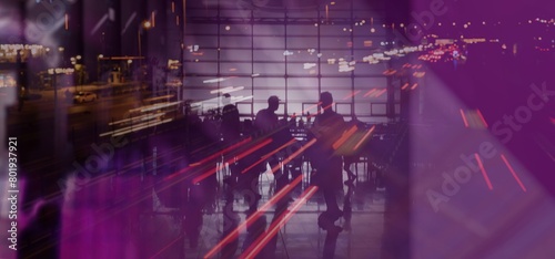 A high tech city background with people in a waiting room and high rise buildings above a highway in deep blur with lilac color correction