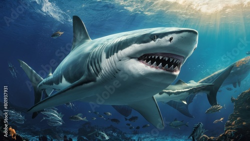 A painting depicting a shark swimming in the water column. A large predatory fish swimming in the ocean. Underwater scene. Illustration for cover, card, postcard, interior design or print. photo