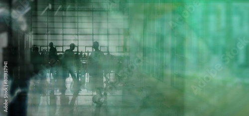 Tech modern city background with people and bustle in a waiting room in deep blur with green color correction