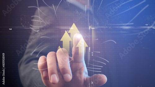 Cg profitability graphs and a coordinate system with arrows moving upward against the background of a male finger with a luminous dot