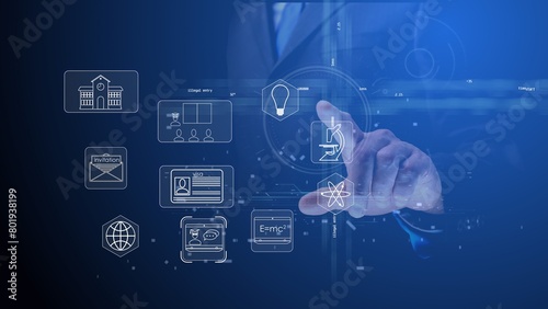 Cg symbols of global education and the development of science with blockchain technology in the nuclear field against the background of a person pointing at them with hand and electrons of an AI chip