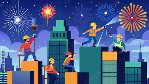Construction Workers Celebrating New Year's Eve on Skyscraper