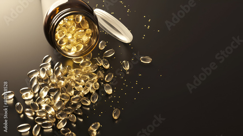 Supplements of B Vitamins crumble out of a bottle, Omega-3 fish oil capsules isolated on a white background Wood Table, Copy Space Generative Ai 