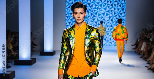 Asian male model confidently showcasing vibrant tropical print suit on catwalk during a high-fashion event  conceptually linked to spring-summer collections and Fashion Week