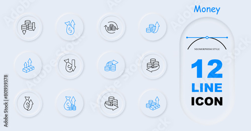 Money set icon. Coins, arrows, profits, losses, financial cycle, deposit, investment, increasing profits, bullion, neomorphism, bank transfer, large amount of money. Working with money concept.