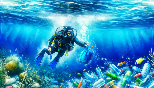 Diver collecting plastic waste underwater, highlighting ocean pollution for environmental conservation, related to World Oceans Day and Earth Day photo