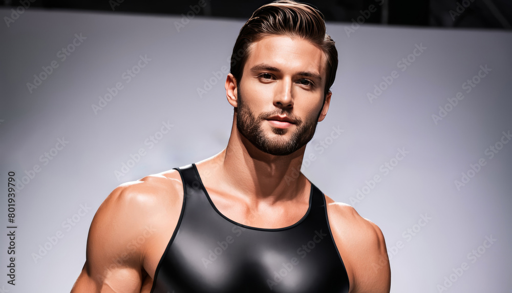 Fototapeta premium Handsome athletic Caucasian male model in a black tank top posing confidently, ideal for fitness promotions and men's fashion features