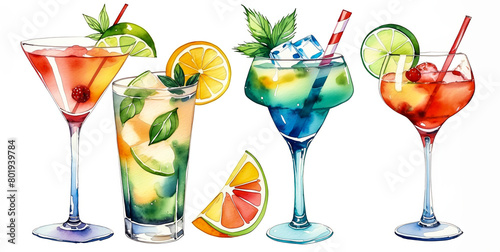 Colorful watercolor illustration of assorted summer cocktails, perfect for seasonal menus, cocktail party invitations, and Happy Hour promotions