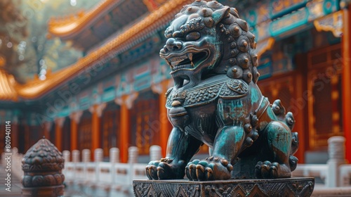 Detailed view of a Chinese guardian lion statue at a historic temple, showcasing intricate craftsmanship and cultural heritage. photo
