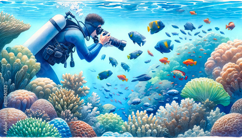Underwater photography by a scuba diver amidst vibrant coral reefs and tropical fish, ideal for marine life and World Oceans Day themes
