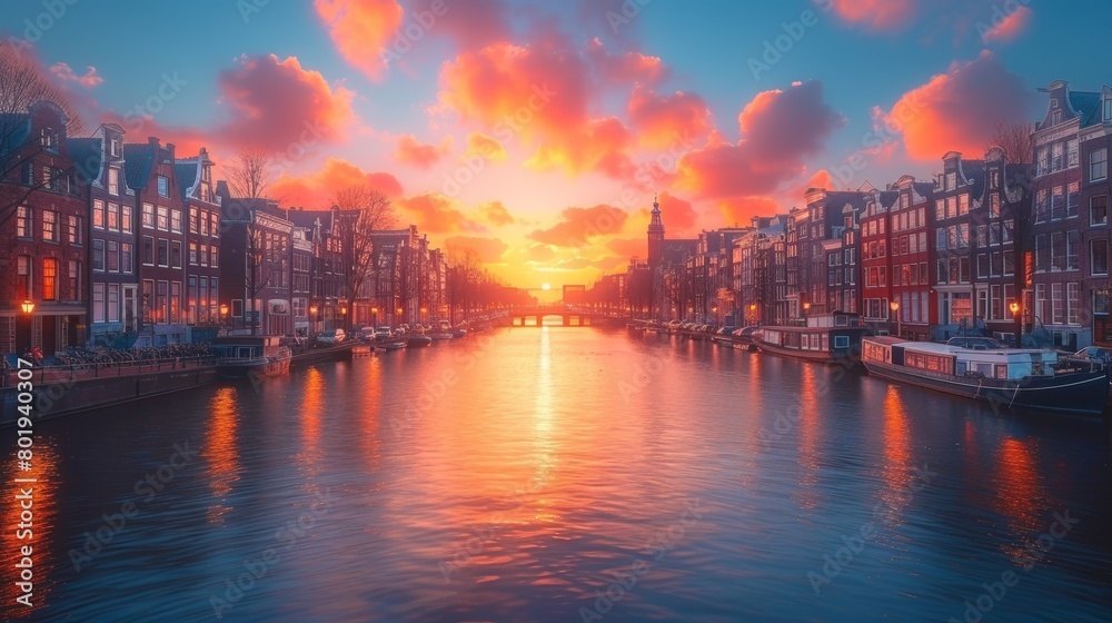 Casts colorful reflections and dramatic skies over the historic canals of Amsterdam, highlighting timeless architecture.