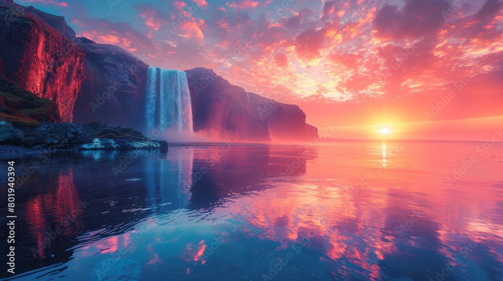 Fototapeta premium Witness a breathtaking sunset casting vibrant pink and orange hues over a majestic waterfall and calm waters, reflecting a dream-like landscape.