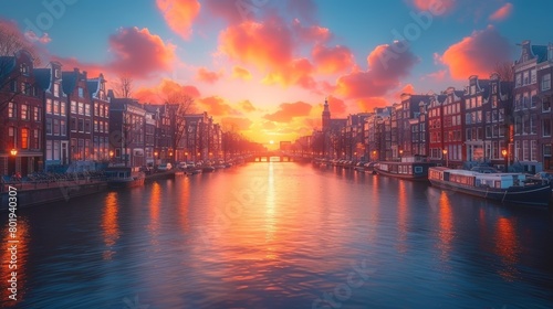 Casts colorful reflections and dramatic skies over the historic canals of Amsterdam  highlighting timeless architecture.