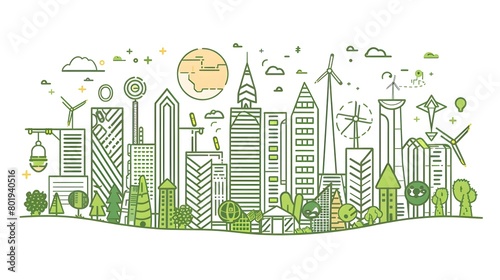 Sustainable Cityscape Integrating Renewable Energy and Green Spaces in Minimalist Line Art