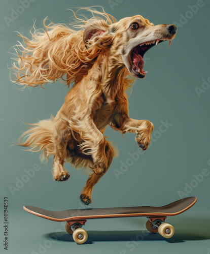 A dog with long flowing hair is skateboarding through the air with its mouth open and its tongue out