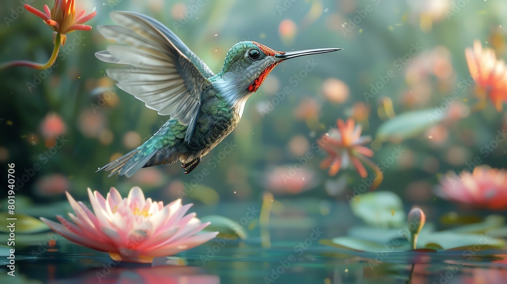 Fototapeta premium A hummingbird hovers near a lily pad in a pond, its long, thin beak poised to drink from the flower
