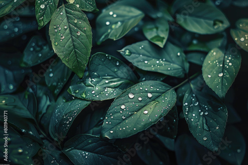 Moisture-laden green plant leaves covered in water droplets due to humidity.  