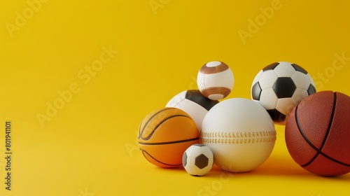 3D Render  Various Sports Balls on Yellow Surface