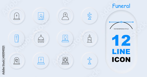 Funeral set icon. Grave, cross, Christianity, faith, burial, mound, candle, flame, portrait, ritual photo on monument, coffin, Turkish funeral traditions, temple, neomorphism. Obsequies concept.
