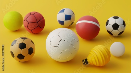 3D Render  Various Sports Balls on Yellow Surface