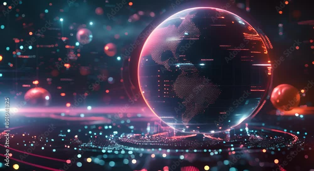 A glowing sphere with a red dot in the center. The sphere is surrounded by a number of smaller spheres. A glowing sphere with a red dot in the center. The sphere is surrounded by a number of smaller spheres.