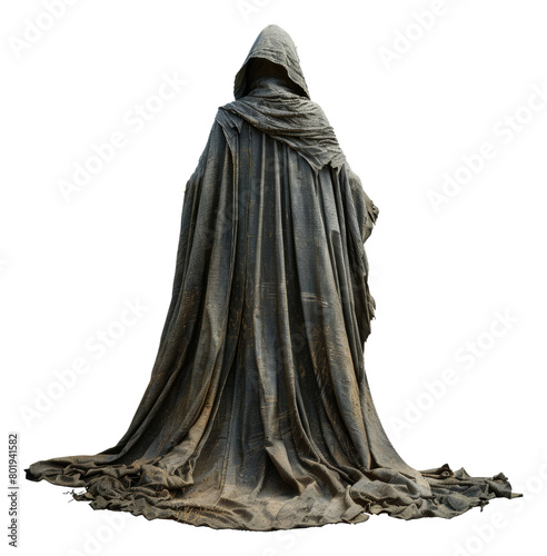 Enigmatic dark cloaked figure with ancient aura, cut out - stock png.