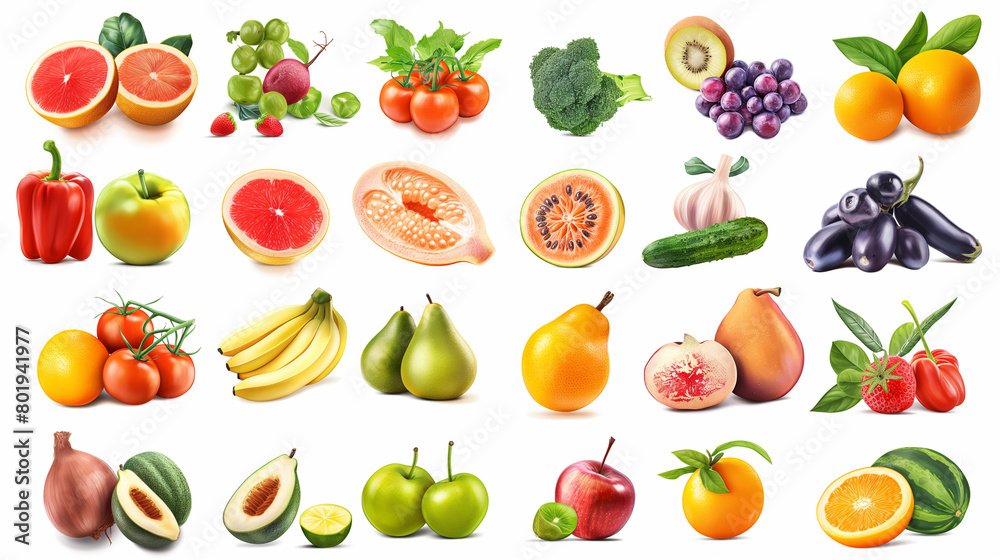 A mix of various fruits and vegetables like Plum tomatoes, cherry tomatoes, and oranges are displayed on a white background. These natural foods are perfect ingredients for any recipe or cuisine