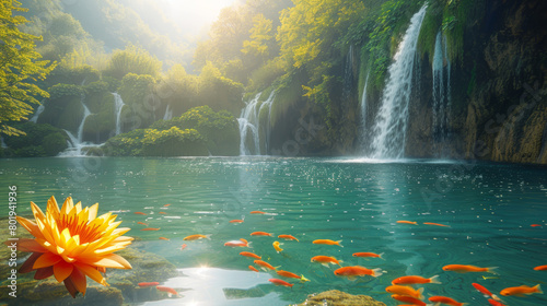 Ethereal beauty of Plitvice National Park in this radiant morning shot featuring vibrant waterfalls, a blooming lotus, and swimming goldfish in crystal-clear waters. photo