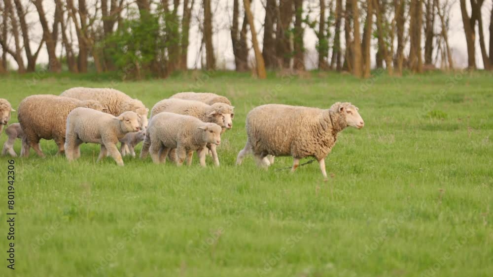 Sheep Graze in Meadow with Green Grass. Livestock on Farm in Countryside Sheep Graze in Meadow with Green Grass. Livestock on Farm in Countryside