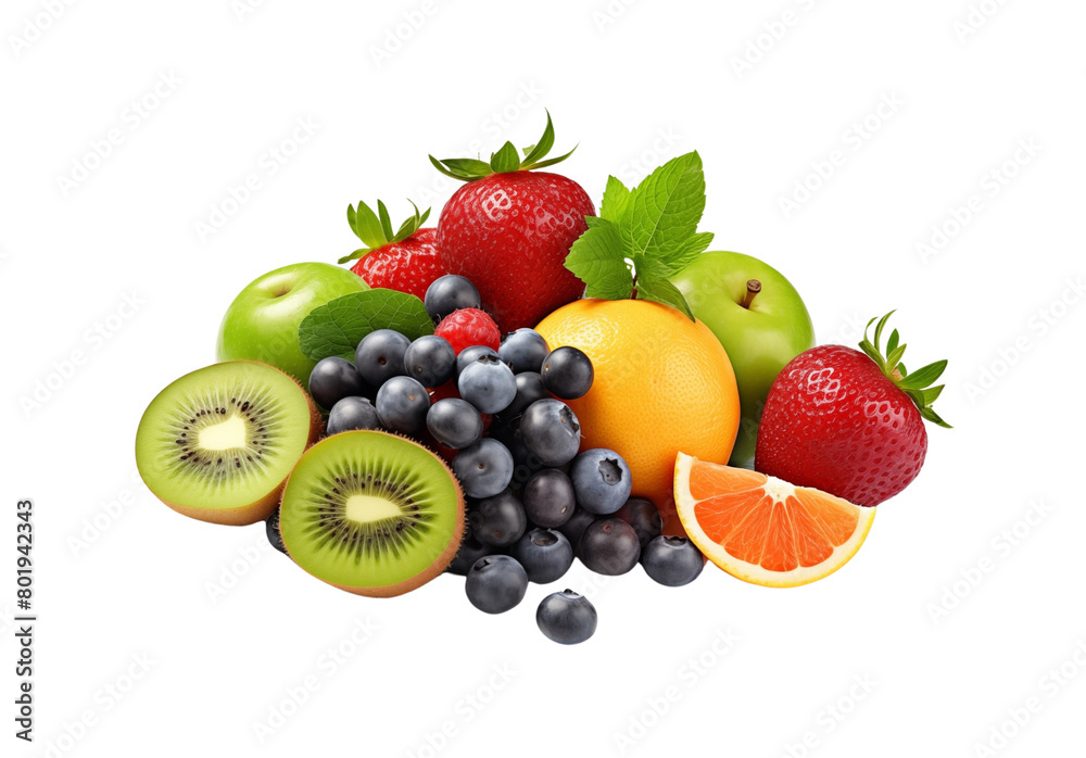 An assortment of fresh fruits, including berries, citrus, and grapes, arranged neatly against a transparent background. Generative AI An assortment of fresh fruits, including berries, citrus, and grapes, arranged neatly against a transparent background. Generative AI