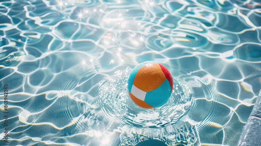 Colorful beach ball floating on clear blue water in a pool.