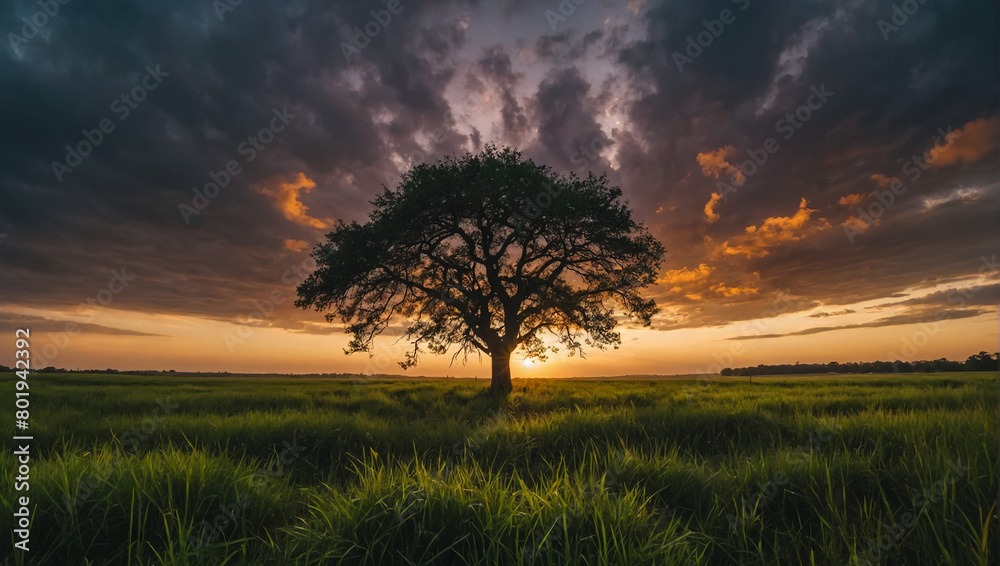 A lone oak tree with a lush crown on the field in the rays of the setting sun and light evening fog.