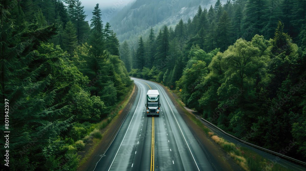 A lone truck travels a forest-lined highway, merging technology with nature's tranquility Generative AI A lone truck travels a forest-lined highway, merging technology with nature's tranquility Generative AI