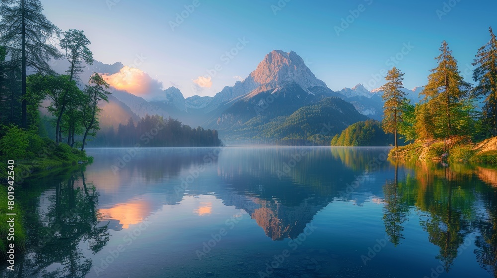 Summer morning showcasing the serene beauty of Hintersee Lake. The calm lake reflects the towering mountains and lush green trees.