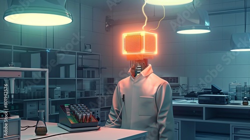 A scene depicting a scientist with a head replaced by a glowing CPU, amidst laboratory equipment, emphasizing innovation and scientific computing, super realistic photo