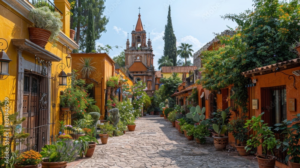 Radiant and lively street leading to Parroquia Archangel Church, surrounded by vividly colored homes and lush greenery in Jardin Town Square.