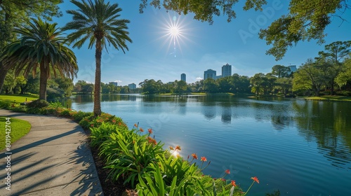 Beautiful sunny day at Lake Eola Park, Orlando, showcasing vibrant flowers, tall palm trees, a serene lake, and a distant urban skyline under a clear blue sky. photo