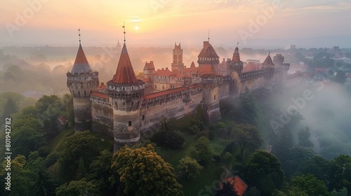 Aerial view of Hunyad Castle in a breathtaking misty morning. The sunrise illuminates the historic walls and spires, creating a fairy-tale like scenery in Transylvania. photo