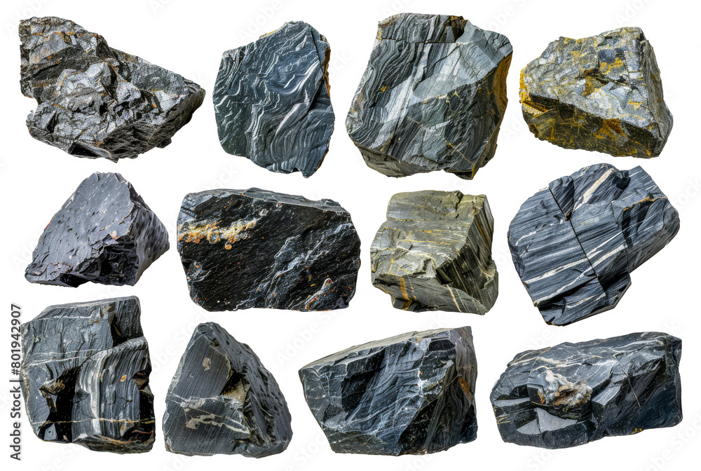 Varied collection of geological rock specimens, cut out - stock png. Varied collection of geological rock specimens, cut out - stock png.