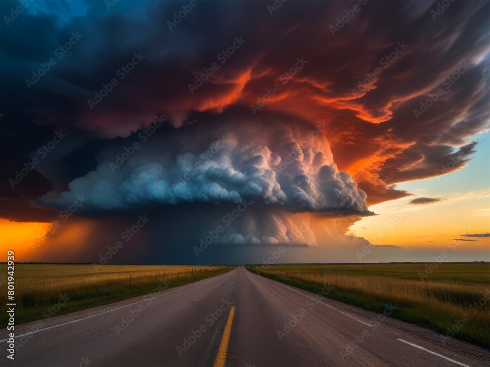 Dramatic sunset over the lake with thunderclouds and road