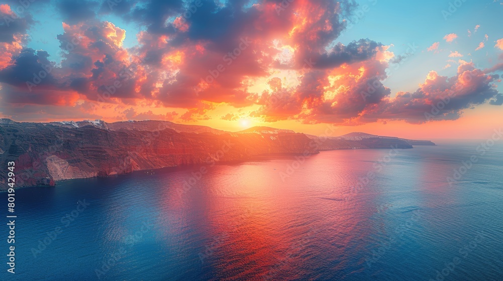 Sunrise in Santorini, featuring vibrant sky colors, serene sea views, and the iconic island cliffs during a calm morning.