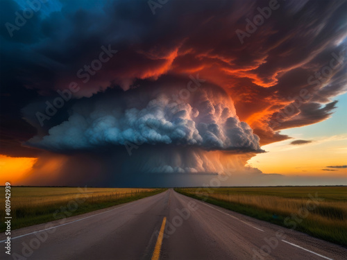 Dramatic sunset over the lake with thunderclouds and road