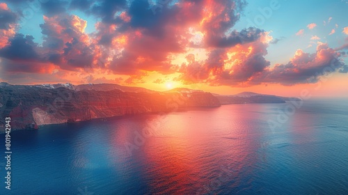 Sunrise in Santorini  featuring vibrant sky colors  serene sea views  and the iconic island cliffs during a calm morning.