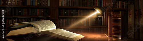 Dim library corner, a Bible illuminated by a single beam of light, inviting a mysterious discovery, super realistic